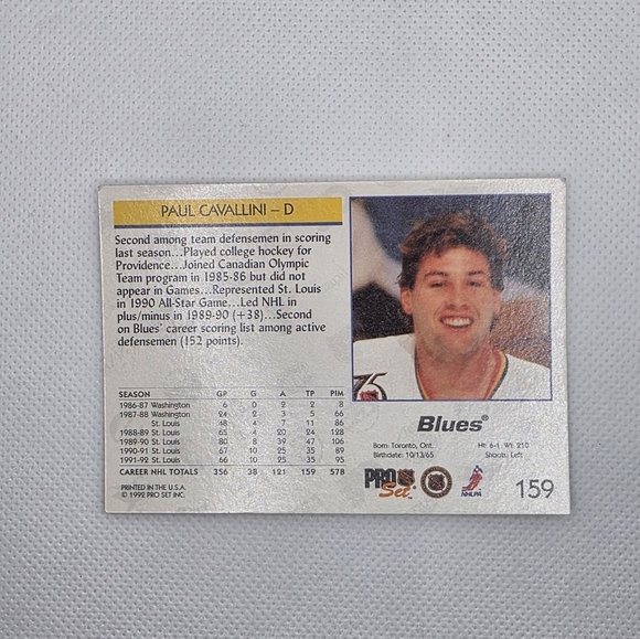 NHL 1992 Paul Cavallini St. Louis Blues #159 Pro Set Hockey Card - Picture 3 of 4